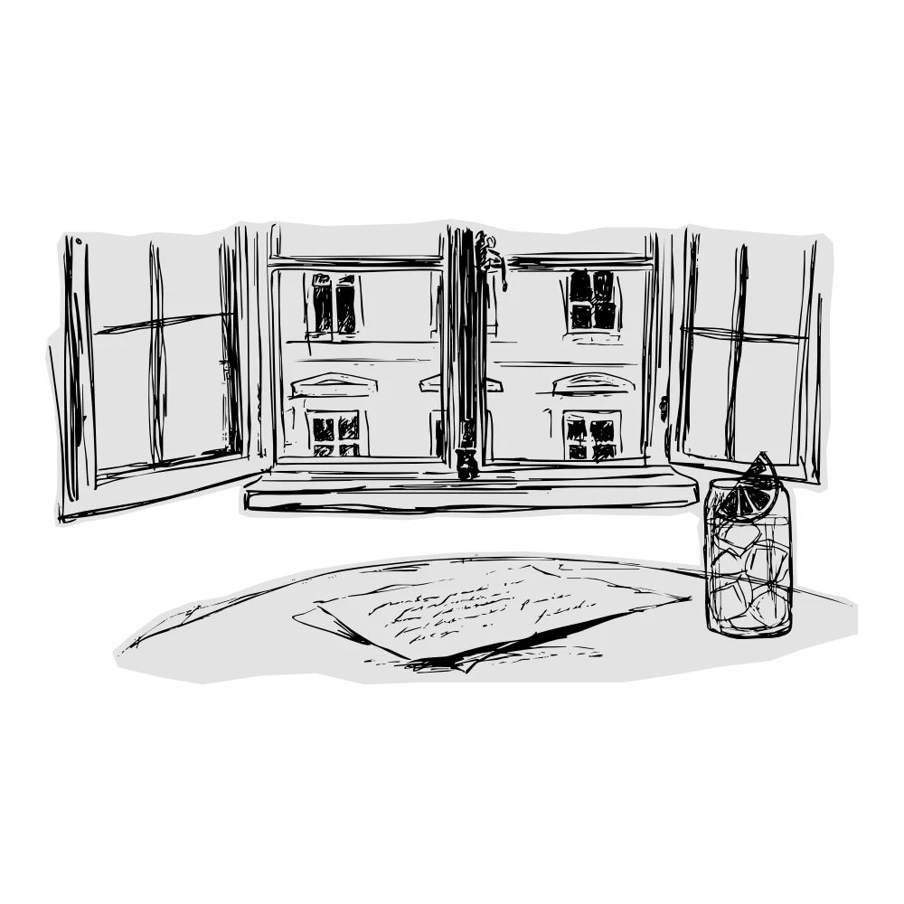 Ilustrace koktejlu u otevřeného okna