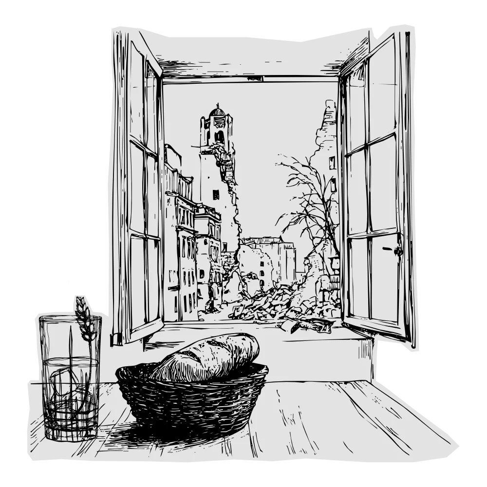 Ilustrace koktejlu a chleba u otevřeného okna